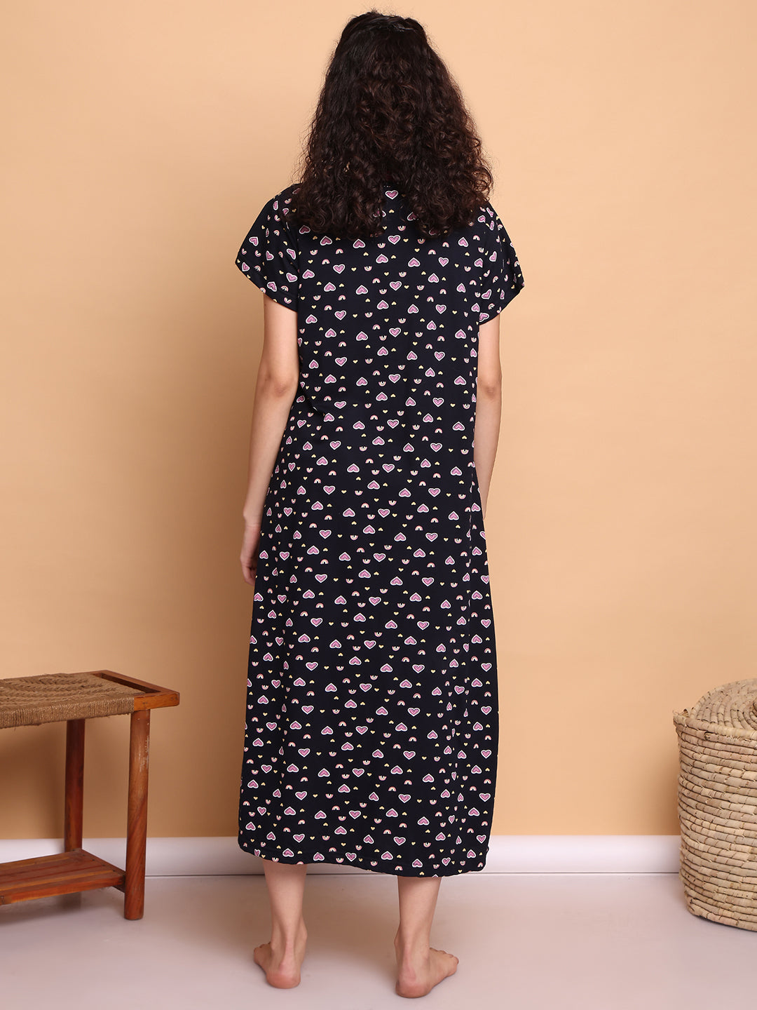 Dark Blue Printed Hosiery Nighty