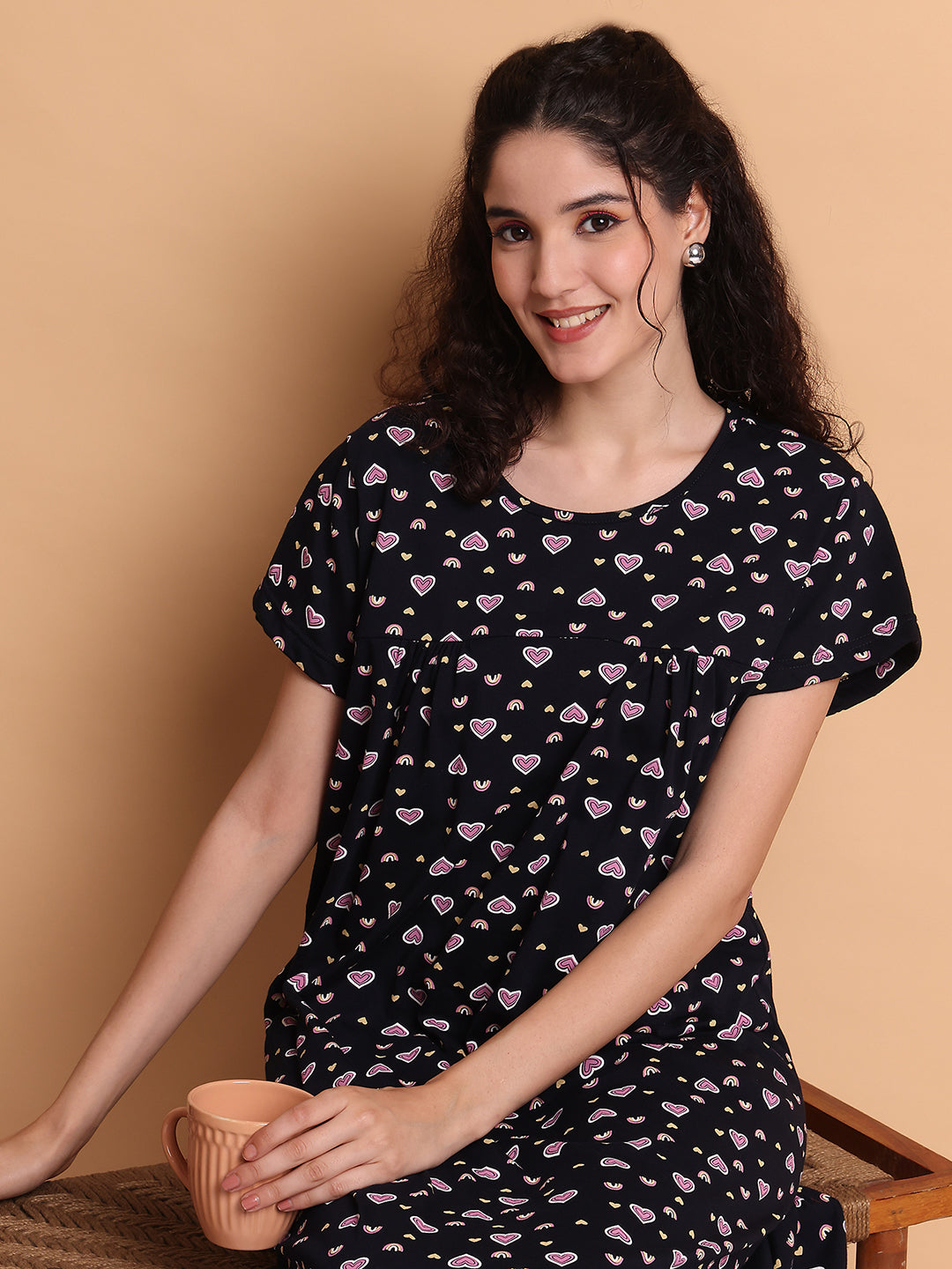 Dark Blue Printed Hosiery Nighty