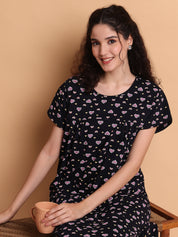 Dark Blue Printed Hosiery Nighty