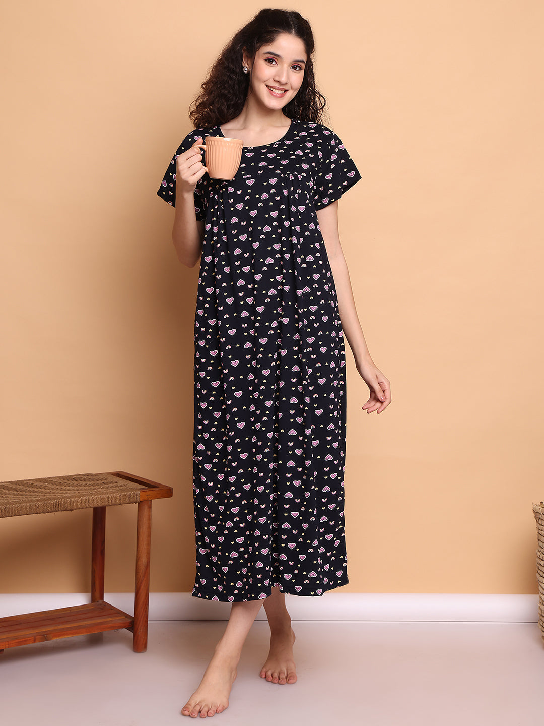 Dark Blue Printed Hosiery Nighty