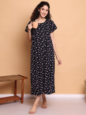 Dark Blue Printed Hosiery Nighty