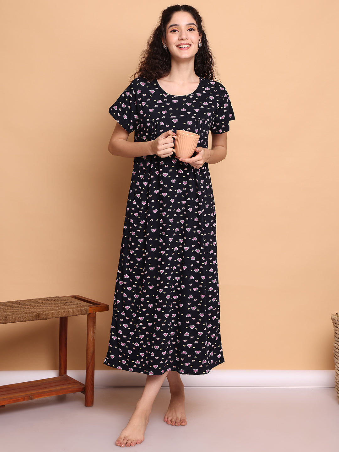 Dark Blue Printed Hosiery Nighty