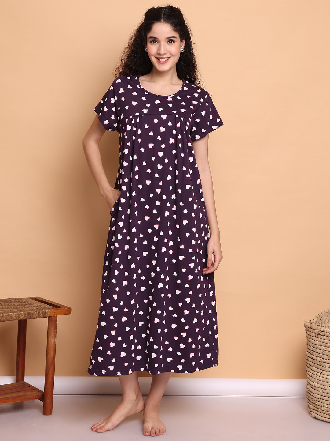 Violet Heart Print Hosiery Nighty