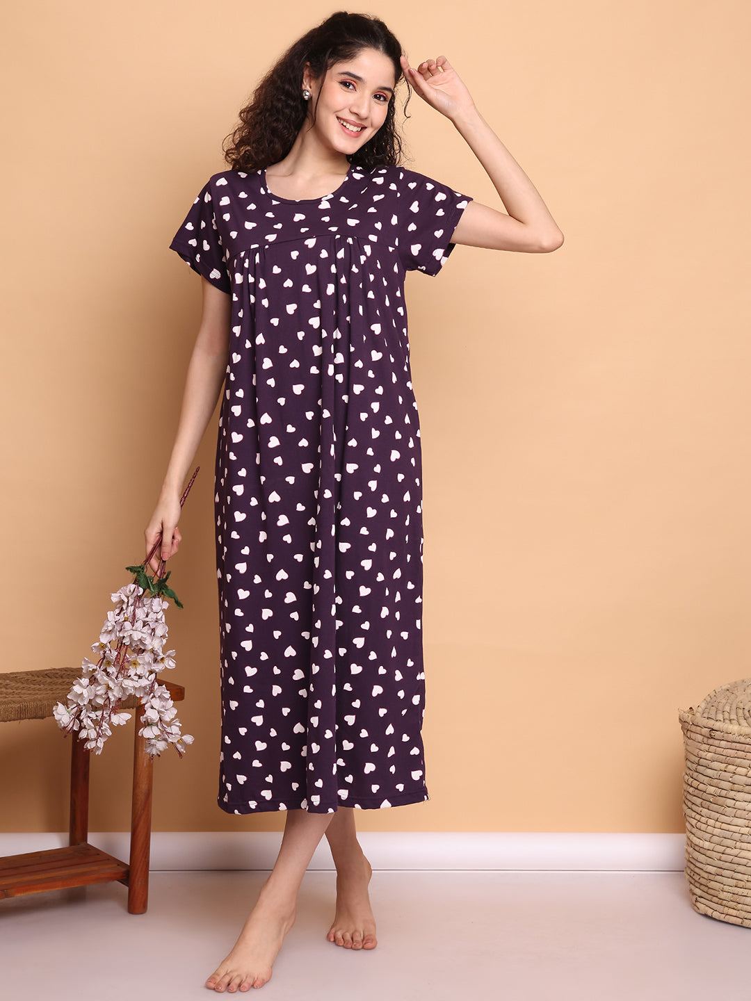 Violet Heart Print Hosiery Nighty