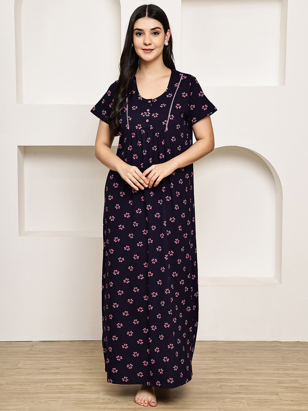 Navy Blue Floral Hosiery Nighty