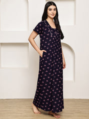 Navy Blue Floral Hosiery Nighty