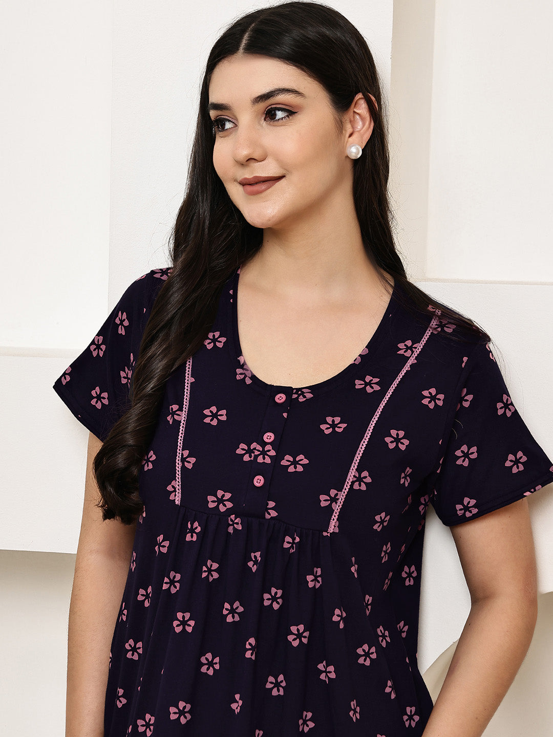 Navy Blue Floral Hosiery Nighty