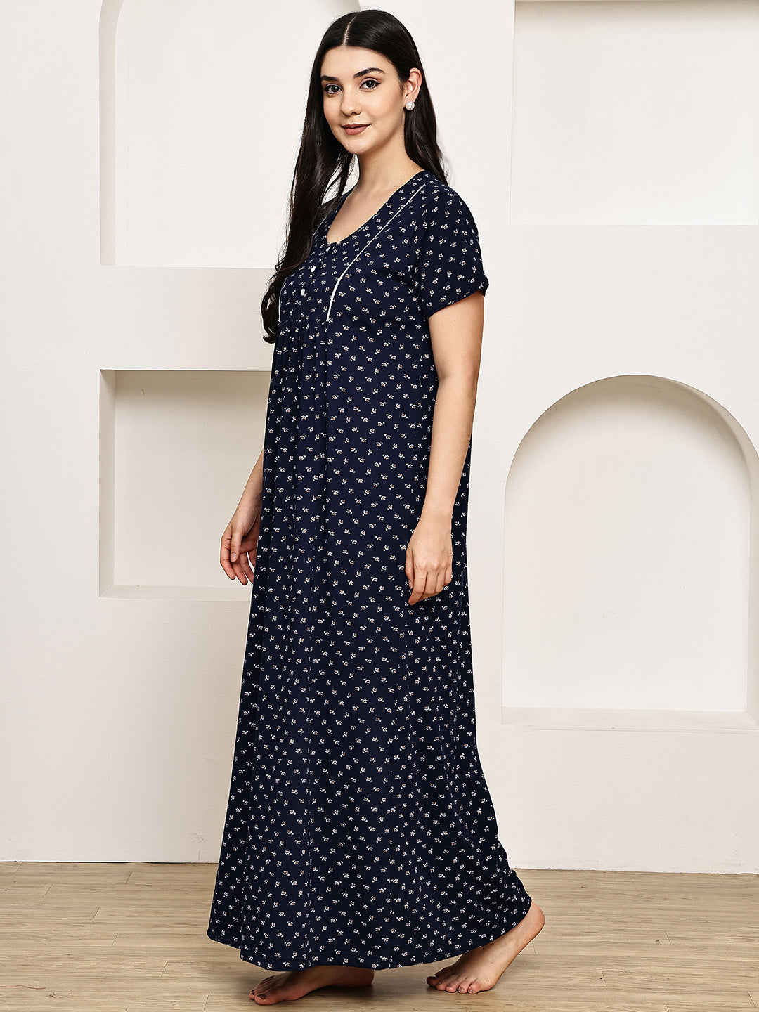 Navy Blue Floral Hosiery Nighty