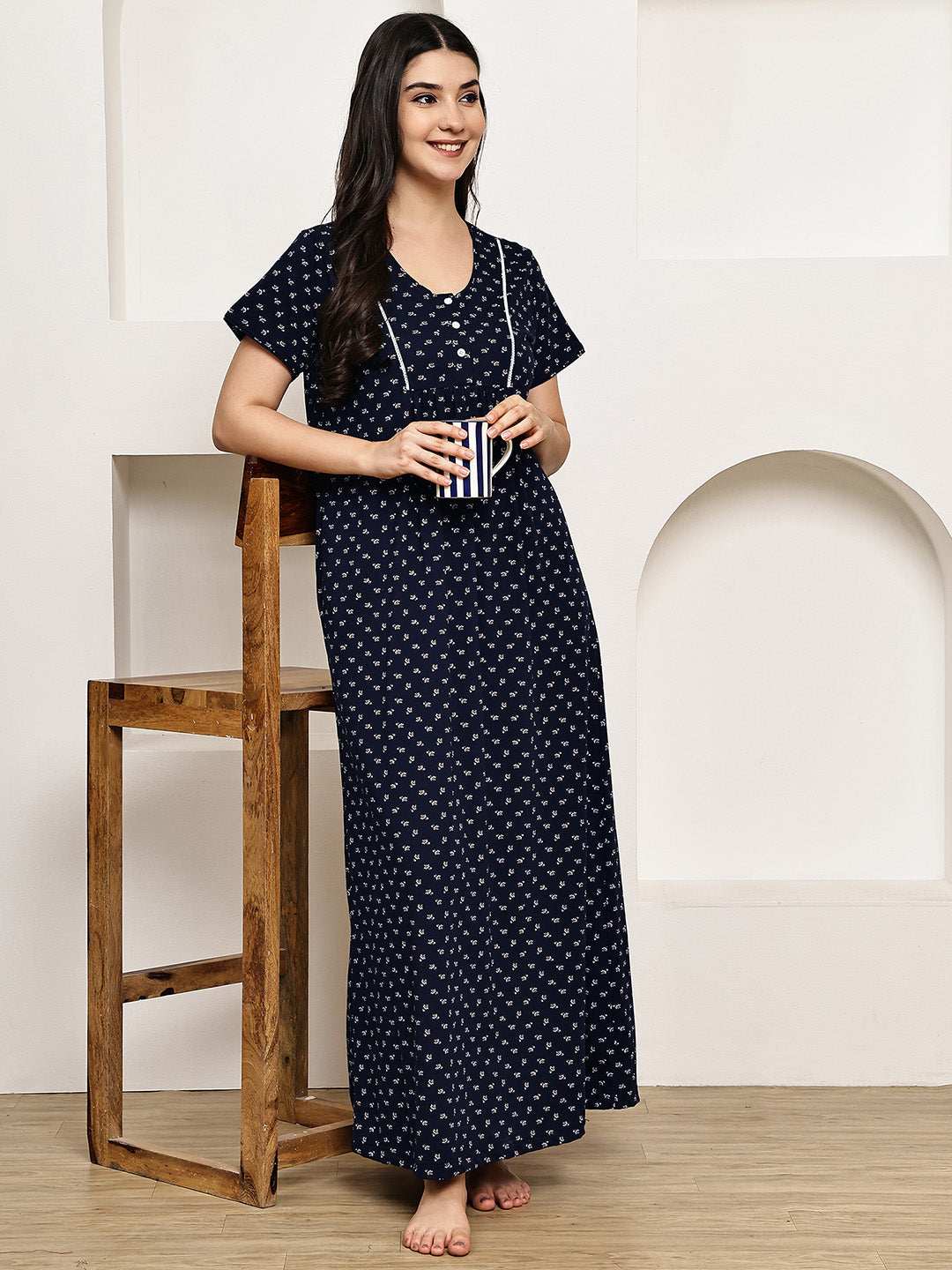 Navy Blue Floral Hosiery Nighty