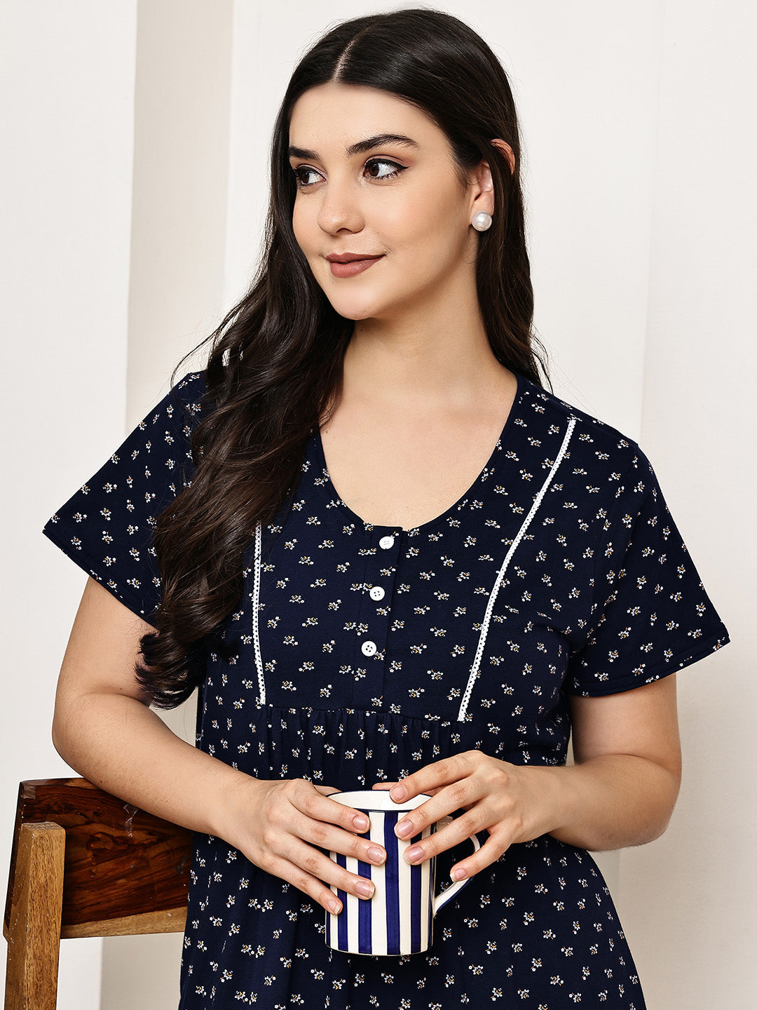 Navy Blue Floral Hosiery Nighty