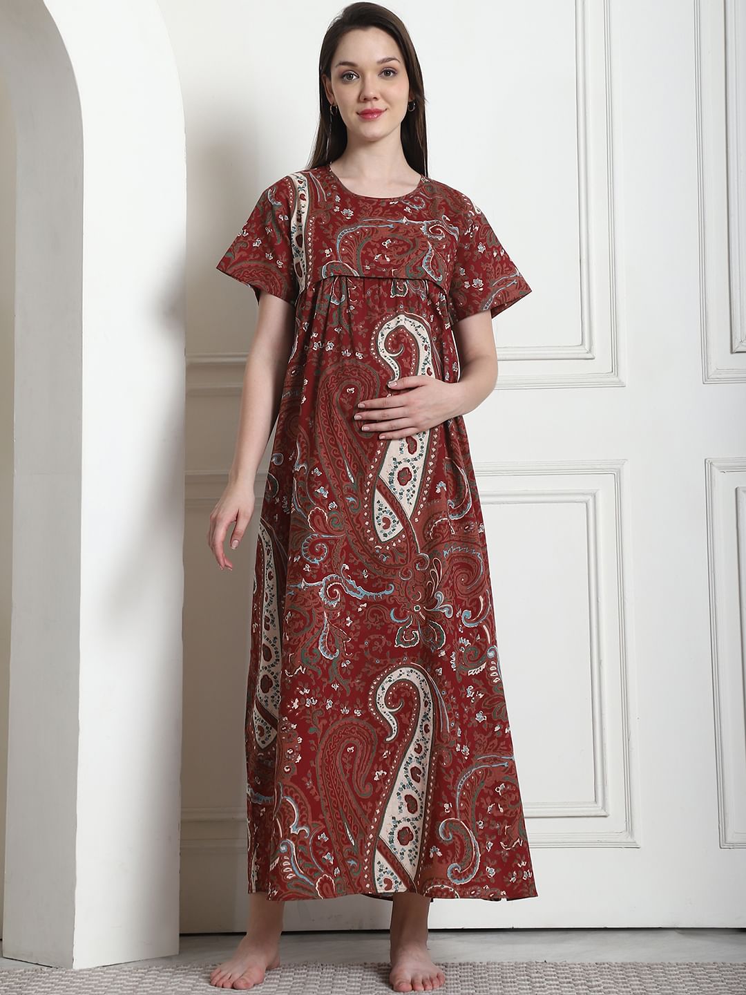 Printed Brown Cotton Maternity Nighty
