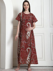 Printed Brown Cotton Maternity Nighty