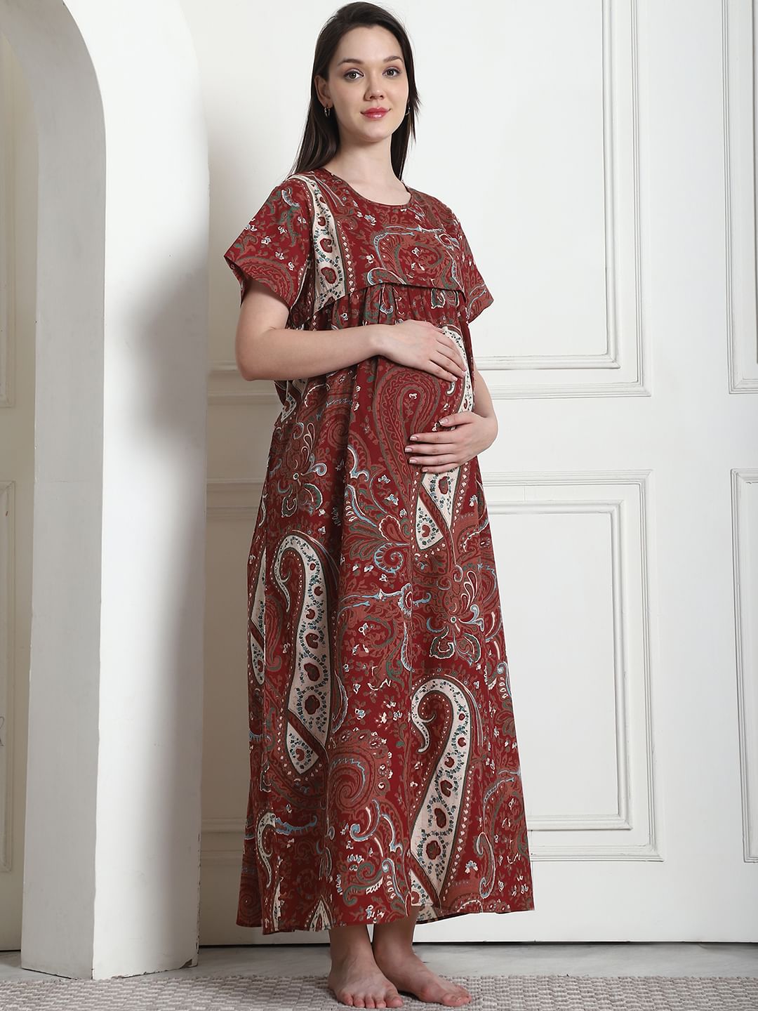 Printed Brown Cotton Maternity Nighty