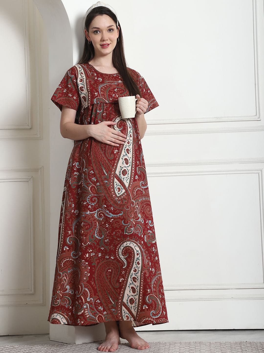 Printed Brown Cotton Maternity Nighty