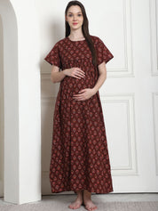 Printed Brown Cotton Maternity Nighty
