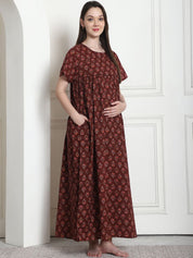 Printed Brown Cotton Maternity Nighty