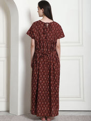Printed Brown Cotton Maternity Nighty
