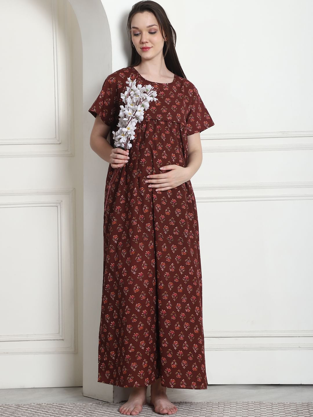 Printed Brown Cotton Maternity Nighty