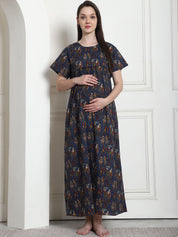 Ethnic Print Navy Blue Cotton Maternity Nighty