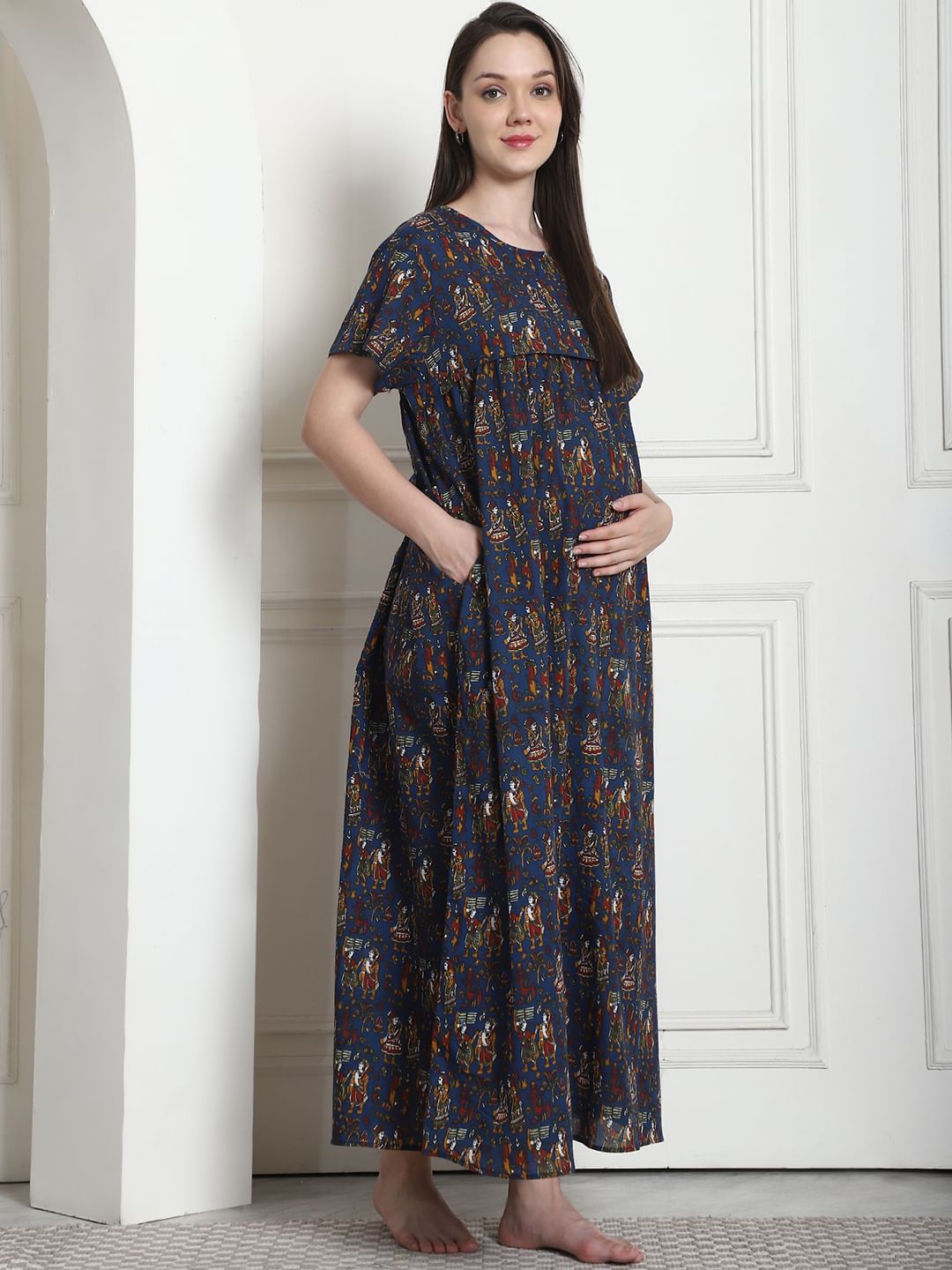 Ethnic Print Navy Blue Cotton Maternity Nighty