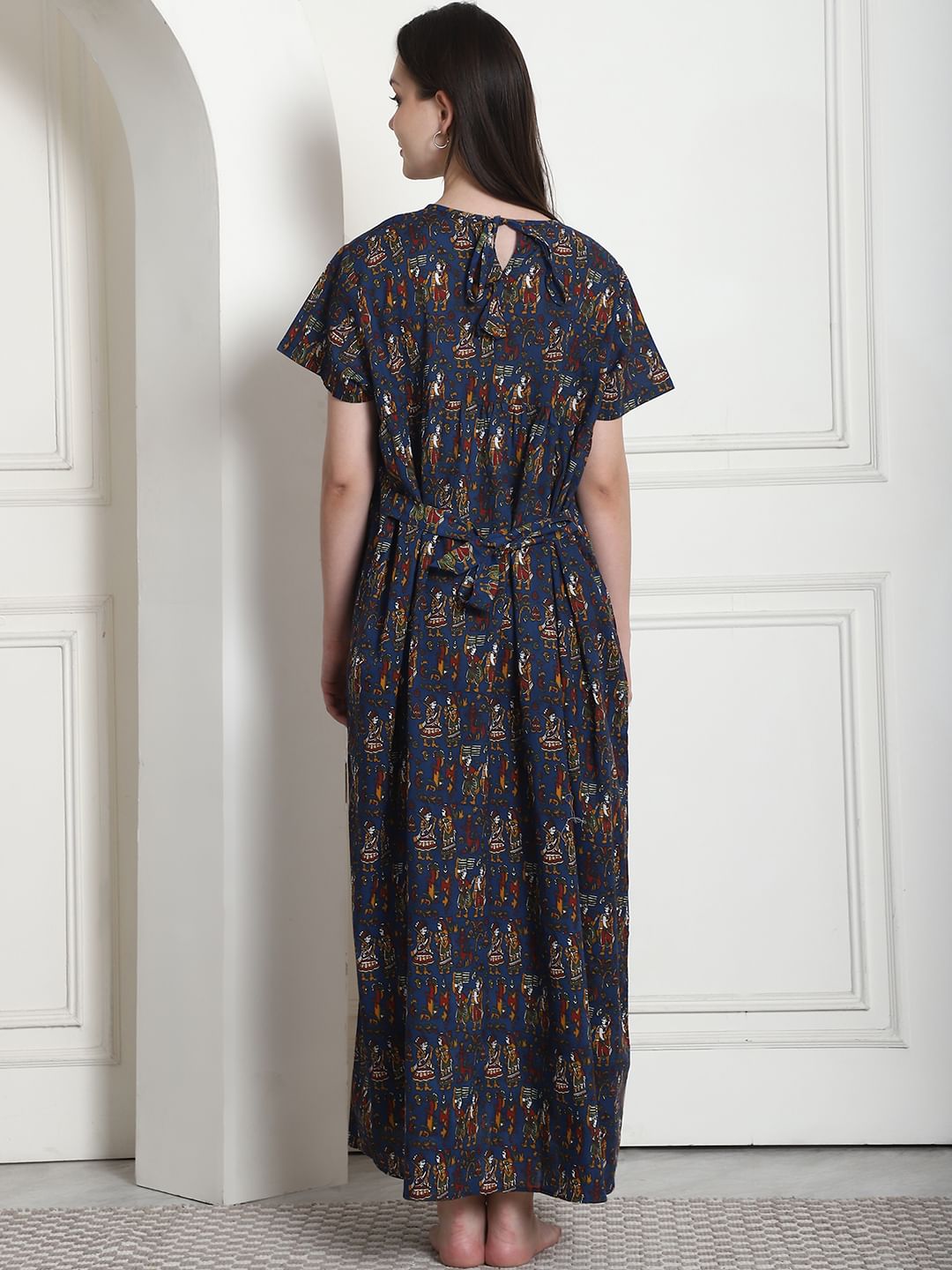 Ethnic Print Navy Blue Cotton Maternity Nighty