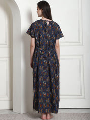 Ethnic Print Navy Blue Cotton Maternity Nighty