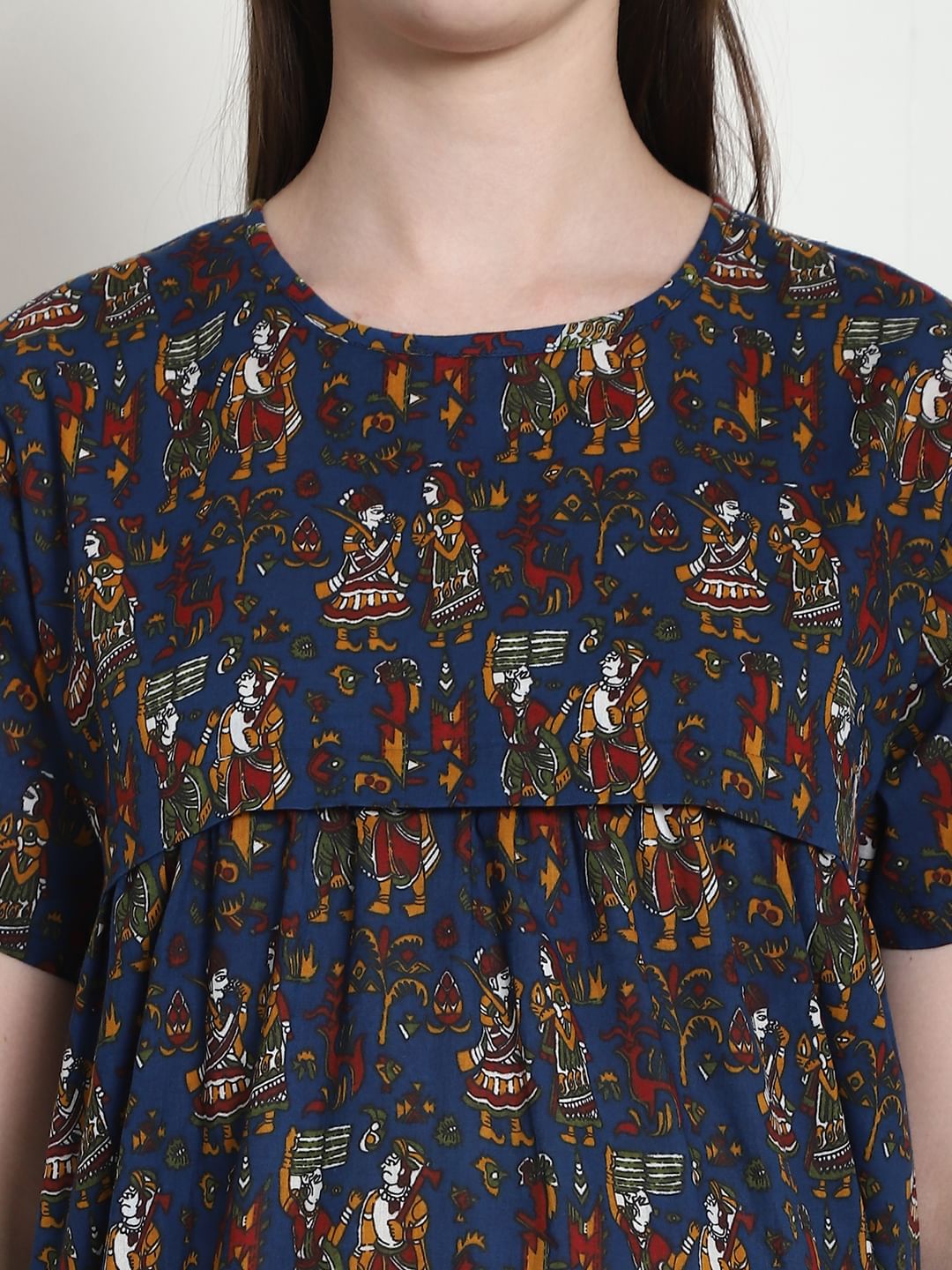 Ethnic Print Navy Blue Cotton Maternity Nighty