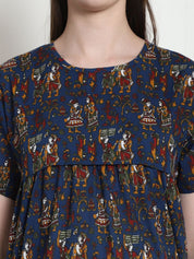 Ethnic Print Navy Blue Cotton Maternity Nighty