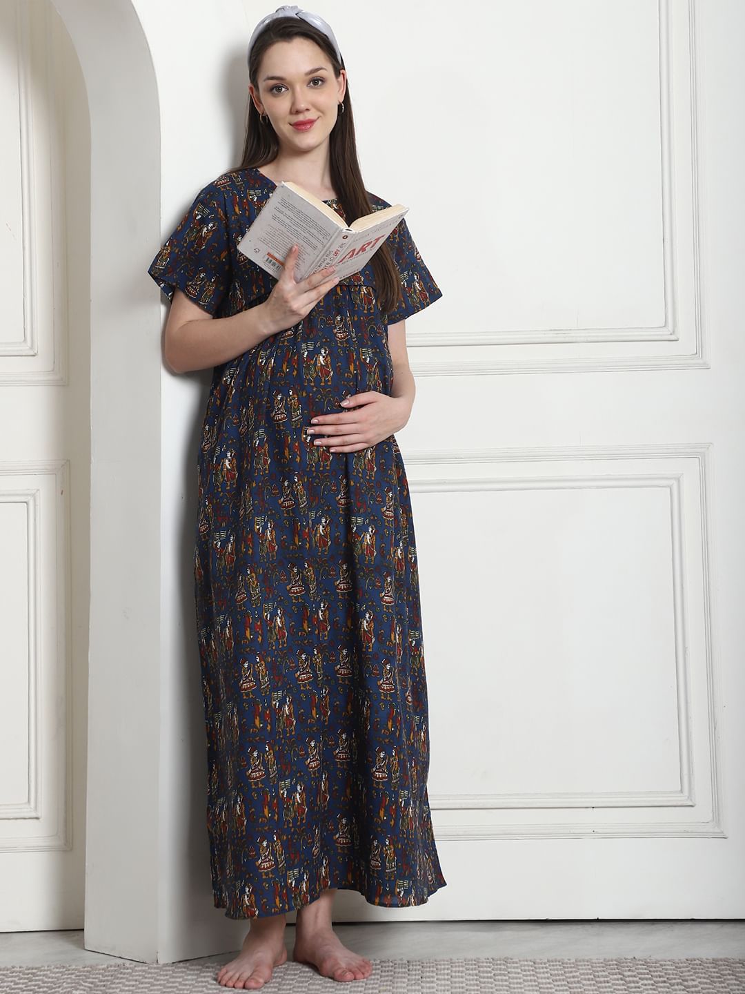 Ethnic Print Navy Blue Cotton Maternity Nighty