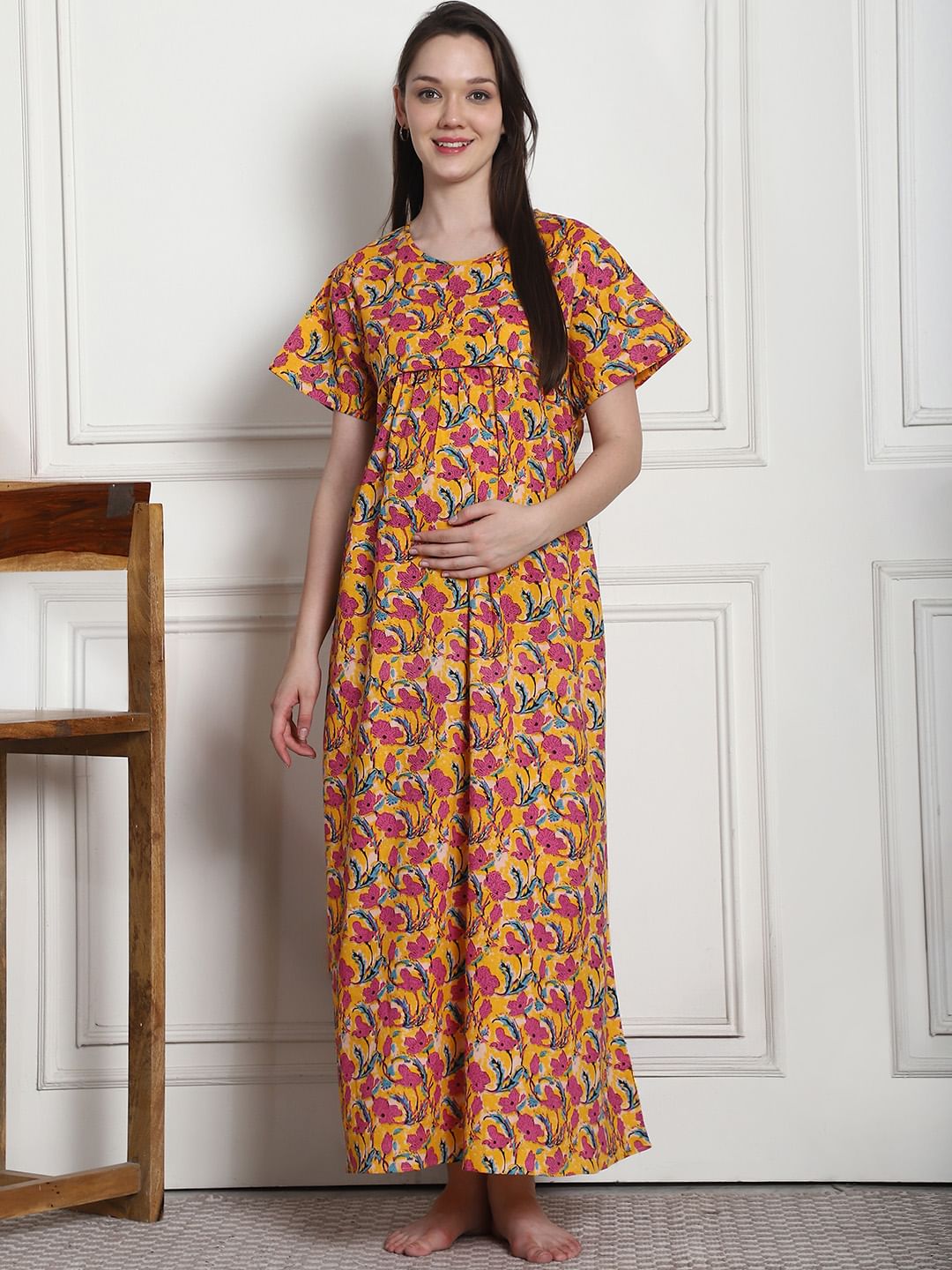 Floral Print Yellow Cotton Maternity Nighty