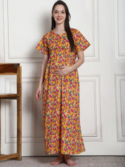 Floral Print Yellow Cotton Maternity Nighty