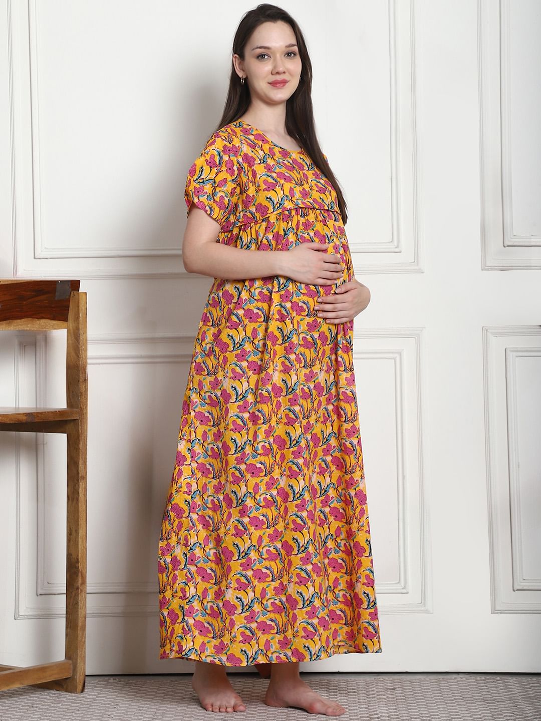 Floral Print Yellow Cotton Maternity Nighty