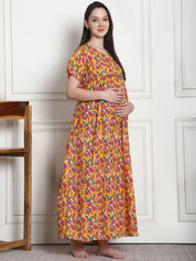 Floral Print Yellow Cotton Maternity Nighty