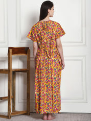 Floral Print Yellow Cotton Maternity Nighty