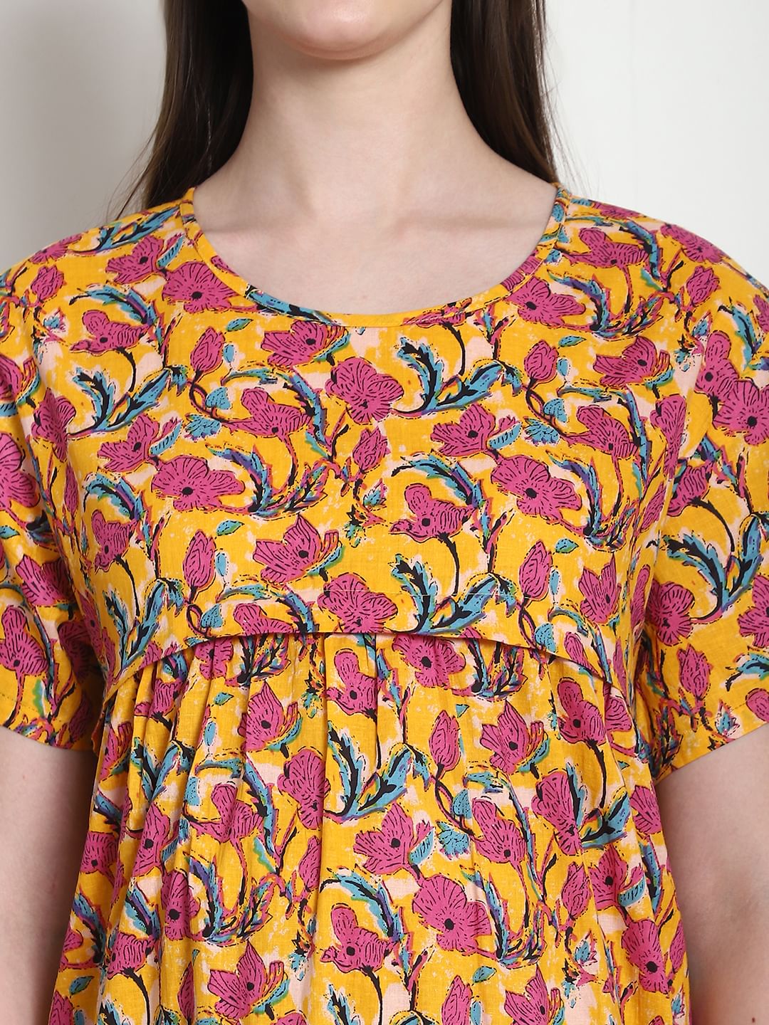 Floral Print Yellow Cotton Maternity Nighty