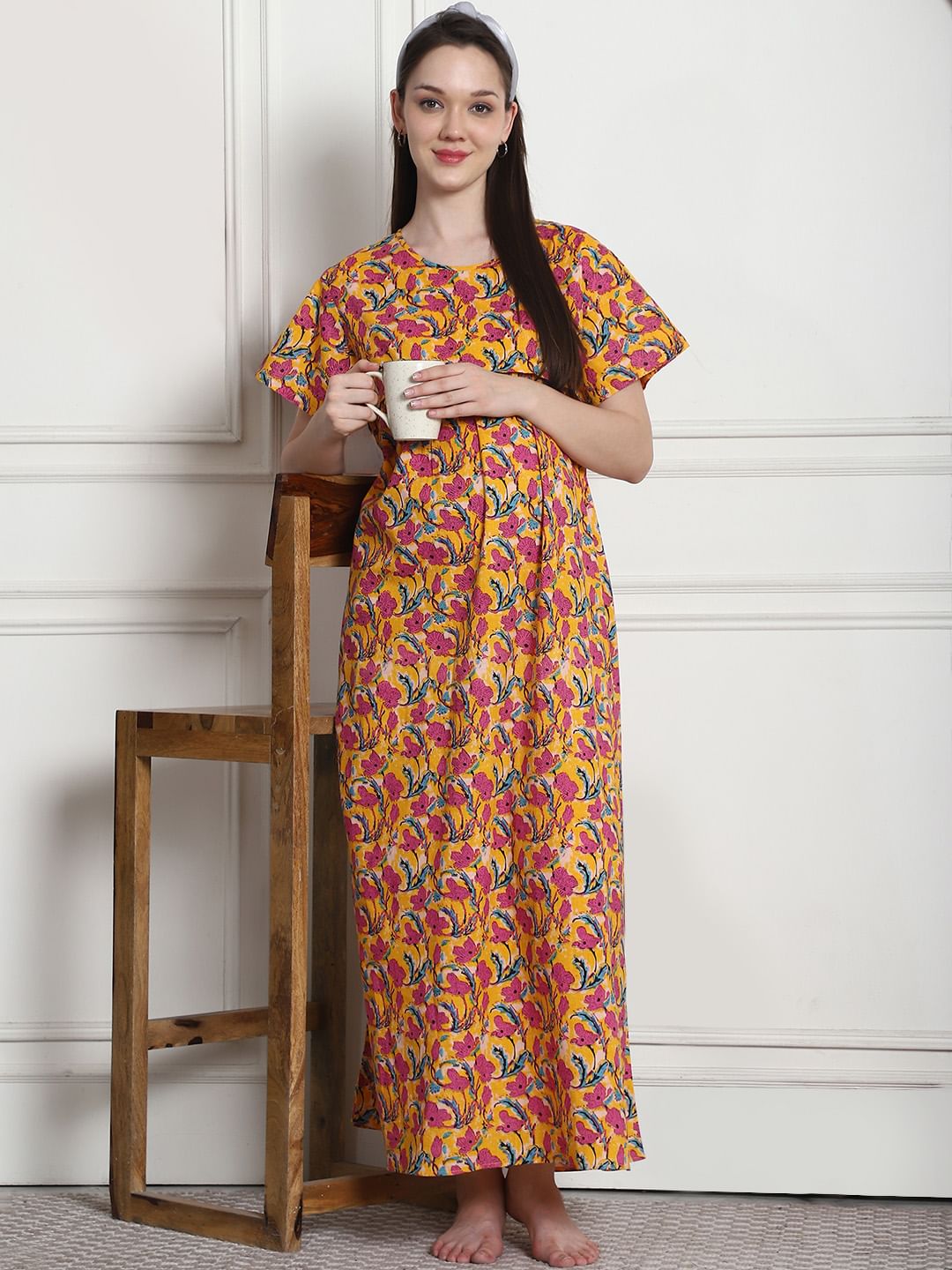 Floral Print Yellow Cotton Maternity Nighty