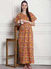 Floral Print Yellow Cotton Maternity Nighty