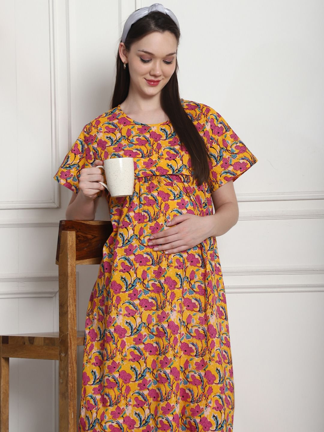 Floral Print Yellow Cotton Maternity Nighty