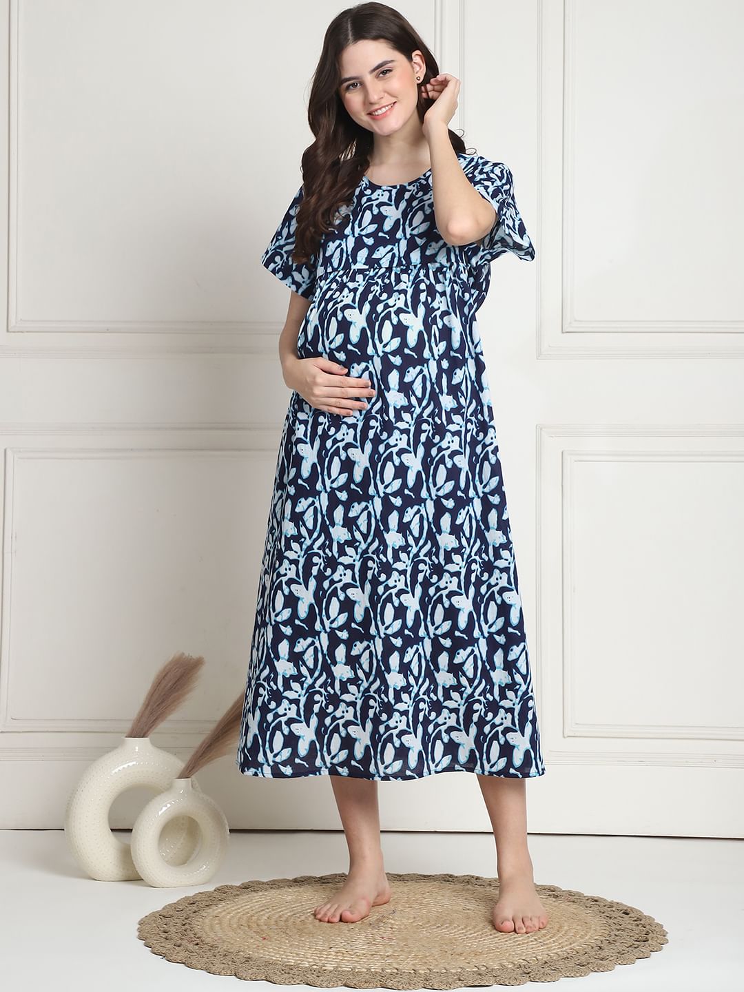 Floral Print Navy Blue Cotton Maternity Nighty Calf Length