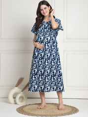 Floral Print Navy Blue Cotton Maternity Nighty Calf Length