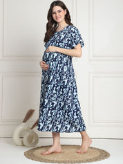 Floral Print Navy Blue Cotton Maternity Nighty Calf Length