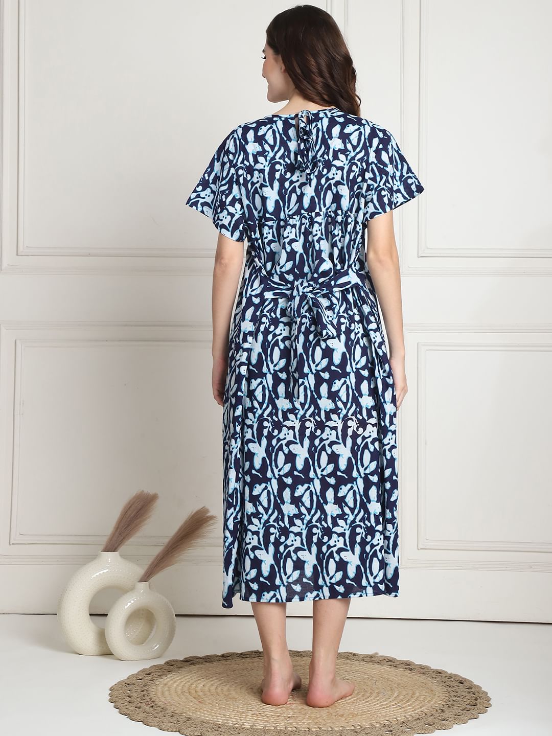 Floral Print Navy Blue Cotton Maternity Nighty Calf Length