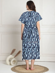 Floral Print Navy Blue Cotton Maternity Nighty Calf Length