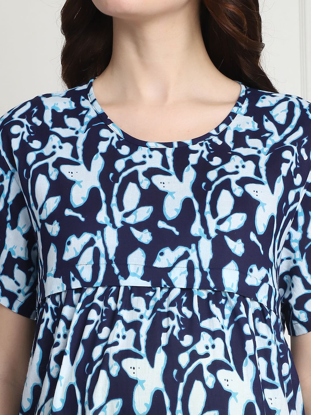 Floral Print Navy Blue Cotton Maternity Nighty Calf Length