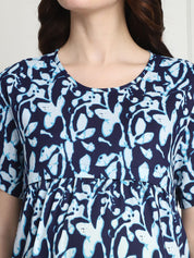 Floral Print Navy Blue Cotton Maternity Nighty Calf Length