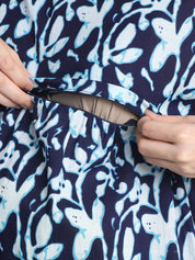Floral Print Navy Blue Cotton Maternity Nighty Calf Length