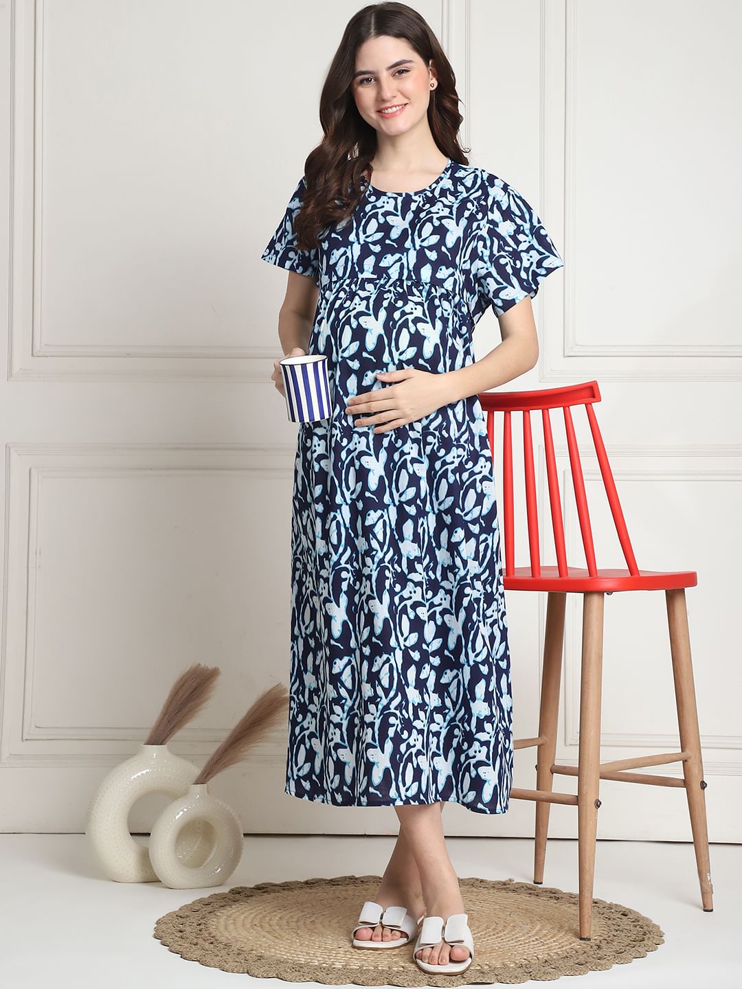 Floral Print Navy Blue Cotton Maternity Nighty Calf Length