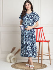 Floral Print Navy Blue Cotton Maternity Nighty Calf Length