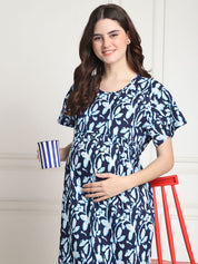 Floral Print Navy Blue Cotton Maternity Nighty Calf Length