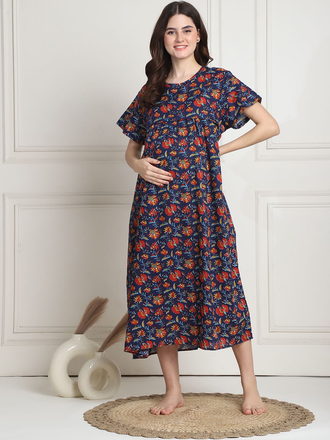 Floral Print Dark Blue Cotton Maternity Nighty Calf Length